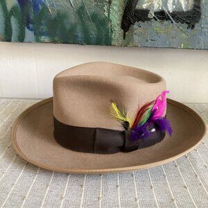 VTG Felt Wool Fedora Hat Designers Original Feathers Pin Unisex Mens Women’s XL